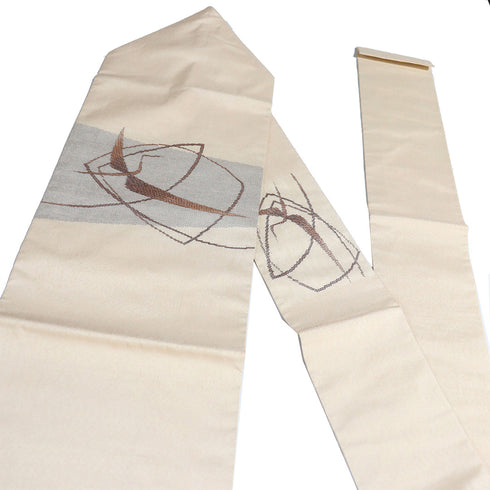 名古屋帯 リサイクル 帯丈373.2cm ポイント柄 デザイン鳥 ベージュ Mサイズ 正絹 Sランク お洒落 カジュアル