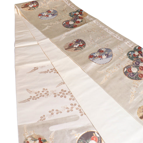 袋帯 リサイクル 帯丈432cm 六通 杜若や菊や梅柄 地紋 箔 ゴールド Sサイズ 正絹 Sランク フォーマル セミフォーマル