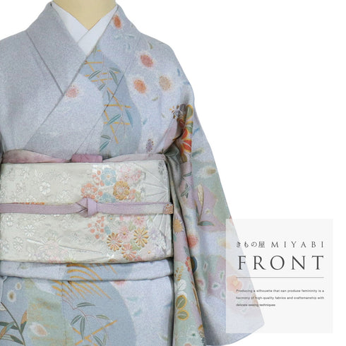 訪問着 リサイクル 身丈157.5cm 裄64.8cm 袷 道長取り 花柄 箔加工 ブルー Mサイズ セミフォーマル 正絹 広衿 Sランク