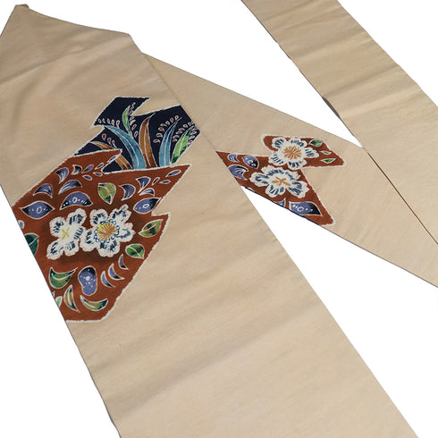 名古屋帯 リサイクル 帯丈343.5cm ポイント柄 草花柄 紬 ベージュ Sサイズ 正絹 Sランク カジュアル