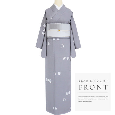 紬 リサイクル 身丈162cm 裄65.2cm 袷 デザイン模様 グレー Lサイズ お洒落 カジュアル 証紙 しつけ糸 正絹 広衿 Sランク