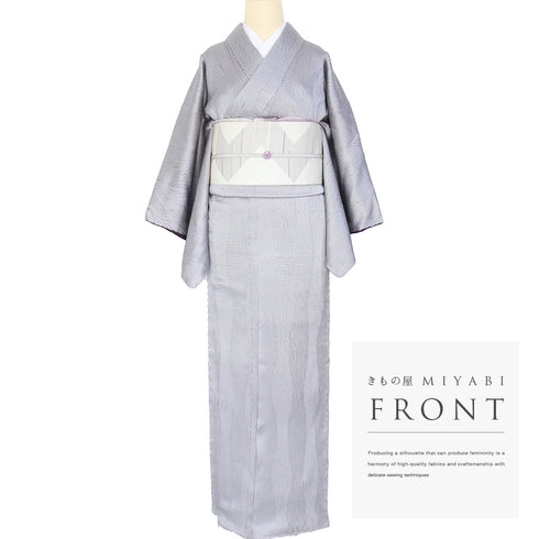 小紋 リサイクル 身丈158cm 裄63.8cm 袷 幾何学柄 縦枠柄 絞り パープル Mサイズ お洒落 しつけ糸 正絹 広衿 Aランク