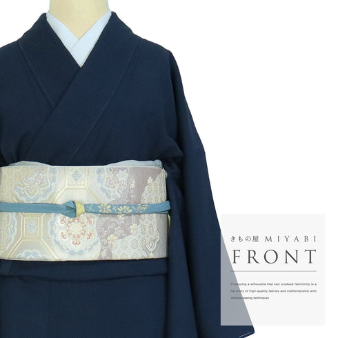 付下げ リサイクル 身丈165.8cm 裄66.6cm 袷 色紙に菊や梅柄 箔 松井青々 ネイビー LLサイズ お洒落 落款 しつけ糸 正絹 広衿 Sランク