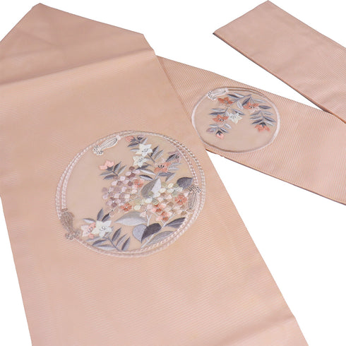 名古屋帯 リサイクル 帯丈352.5cm ポイント柄 組紐丸円に花柄 刺繍 夏物 ピンク Sサイズ 混合 新品・未使用品 お洒落