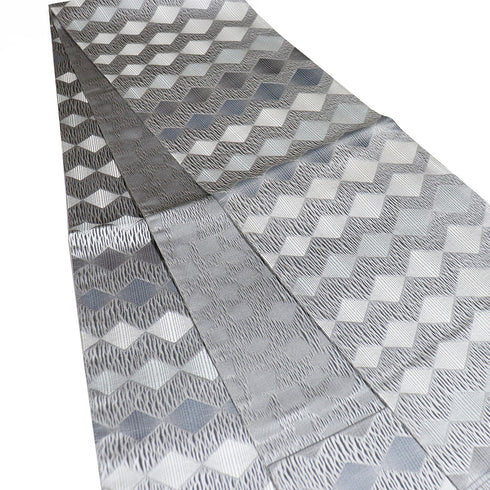 袋帯 リサイクル 帯丈468cm 全通 菱あみかけ柄 本場筑前 ガード加工 グレー LLサイズ 正絹 新品・未使用品 お洒落