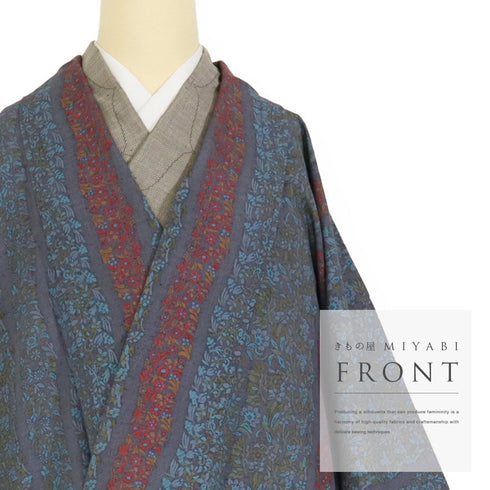 道中着 リサイクル 身丈83.8cm 裄65.2cm 袷 デザイン縞模様 草花柄 ブルー Mサイズ カジュアル 正絹 Sランク