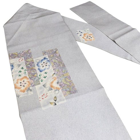 名古屋帯 リサイクル 帯丈353.5cm ポイント柄 辻が花や鳥柄 グレー Sサイズ 正絹 Aランク お洒落 カジュアル