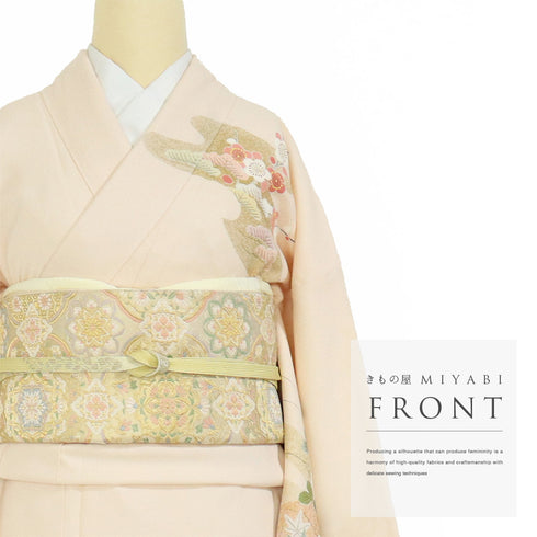 訪問着 リサイクル 身丈158cm 裄65.8cm 袷 御所車に鴛鴦や松竹梅柄 箔 作家 松井青々 ピンク Mサイズ フォーマル セミフォーマル 正絹 広衿 Aランク