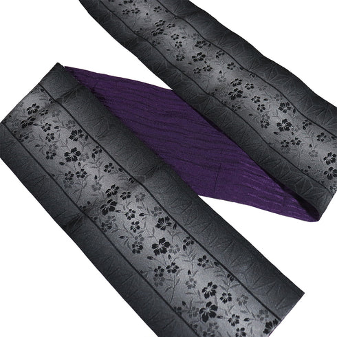 半巾帯 リサイクル 帯丈378cm 全通 花柄 麻の葉柄 ぼかし ブラック SSサイズ ポリエステル Sランク カジュアル お洒落