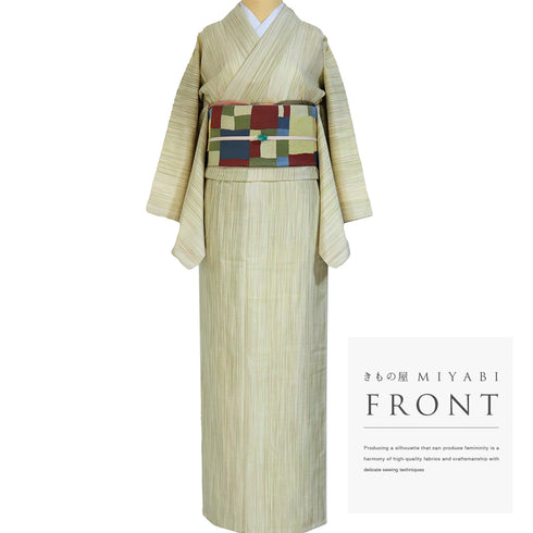 紬 リサイクル 身丈152.5cm 裄64.8cm 袷 縞ぼかし柄 グリーン Sサイズ お洒落 正絹 広衿 Sランク