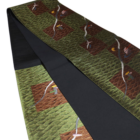 袋帯 リサイクル 帯丈436cm 六通 西陣織 枯山水 グリーン Mサイズ 正絹 新品・未使用品 お洒落