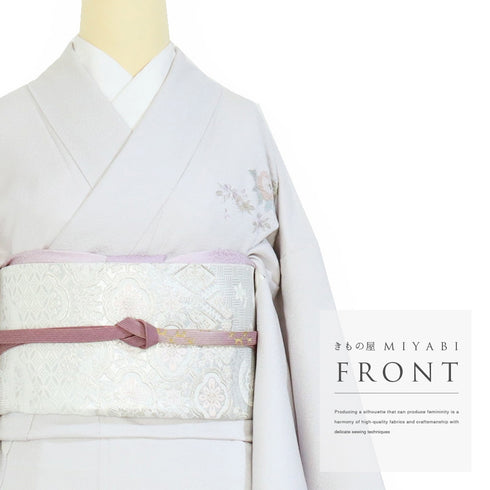 訪問着 リサイクル 身丈158cm 裄64.4cm 袷 花籠柄 刺繍 グレー Mサイズ セミフォーマル お洒落 正絹 広衿 Sランク