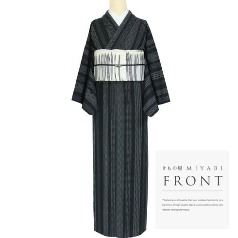 紬 リサイクル 身丈155.8cm 裄64.4cm 単衣 よろけ縞柄 ブラック Mサイズ お洒落 カジュアル 正絹 広衿 Sランク