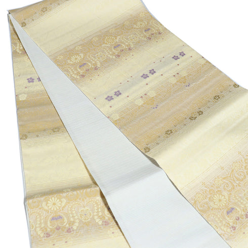 袋帯 リサイクル 帯丈437cm 全通 横段に花柄 ベージュ Mサイズ 正絹 Sランク お洒落