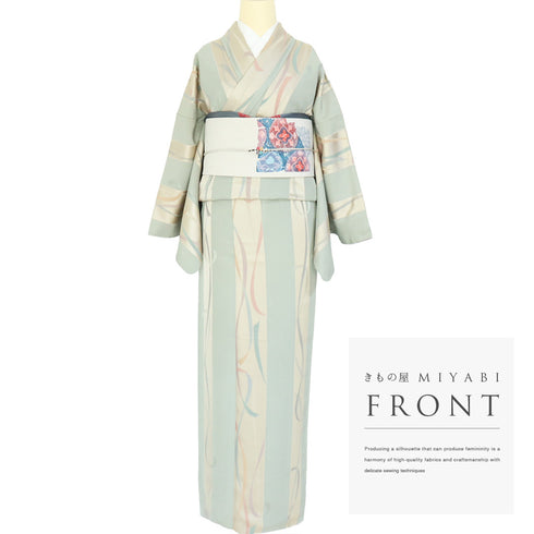 小紋 リサイクル 身丈166.2cm 裄69.8cm 袷 デザイン彩色模様 地紋 グリーン LLサイズ お洒落 カジュアル 正絹 広衿 Sランク