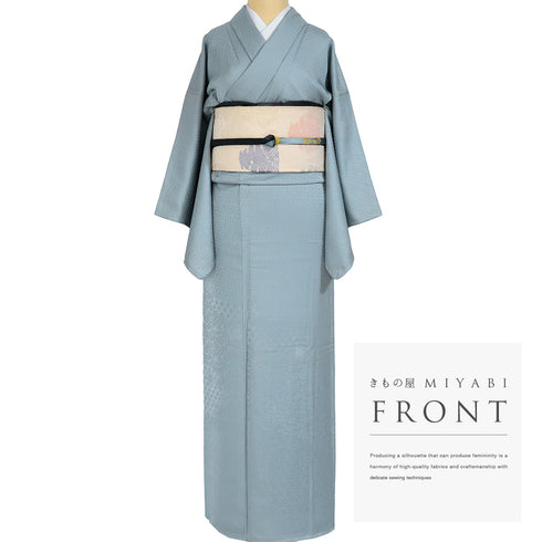 色無地 リサイクル 身丈159.5cm 裄64cm 袷 立涌文様 有職文様 花唐草 絵羽地紋 ブルー Mサイズ セミフォーマル 落款 一つ紋 しつけ糸 正絹 広衿 地紋あり Sランク