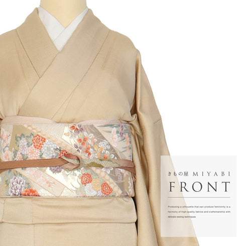 色留袖 リサイクル 身丈164cm 裄66.4cm 袷 鴛鴦に菊や松柄 比翼無し ベージュ Lサイズ 一つ紋 正絹 広衿 Sランク