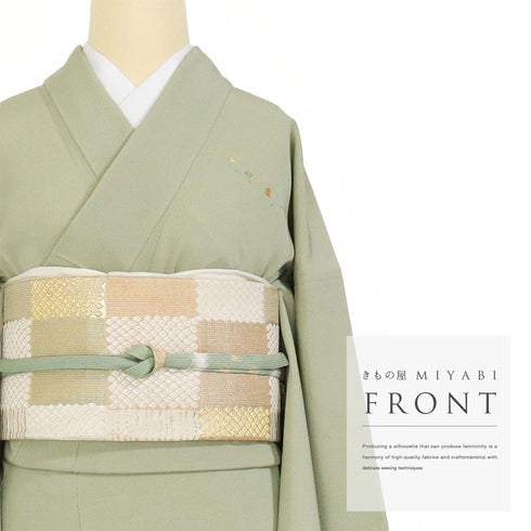 訪問着 リサイクル 身丈157.7cm 裄67.8cm 袷 山に霞模様 刺繍 箔 グリーン Mサイズ お洒落 セミフォーマル 正絹 広衿 Aランク