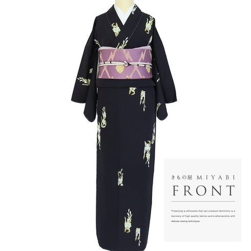 小紋 リサイクル 身丈155.8cm 裄64cm 袷 花柄 ネイビー Mサイズ お洒落 しつけ糸 正絹 広衿 Sランク