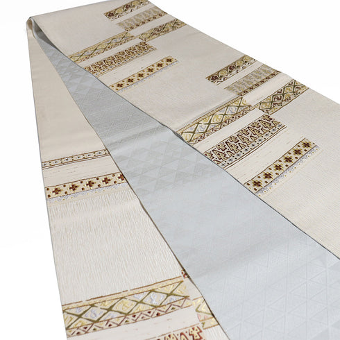 袋帯 リサイクル 帯丈436cm 六通 横段柄 横段違い棚 刺繍 ベージュ Mサイズ 正絹 Sランク お洒落