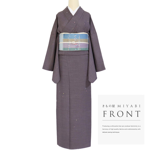 小紋 リサイクル 身丈163.5cm 裄70.6cm 袷 水玉柄 地紋 パープル Lサイズ お洒落 カジュアル 正絹 広衿 Aランク