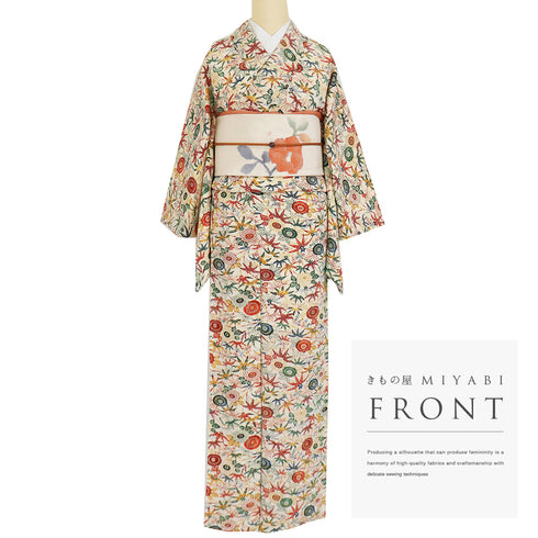 小紋 リサイクル 身丈155.5cm 裄64cm 袷 花柄 菊柄 アイボリー Mサイズ お洒落 正絹 広衿 Sランク