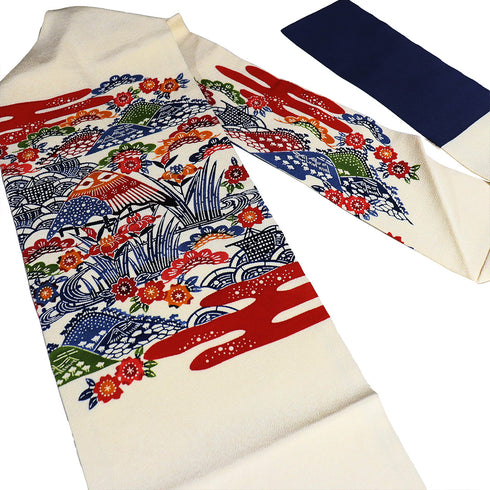 名古屋帯 リサイクル 帯丈347cm ポイント柄 花や風景柄 紅型 ちりめん ベージュ Sサイズ 正絹 未使用品 お洒落 カジュアル