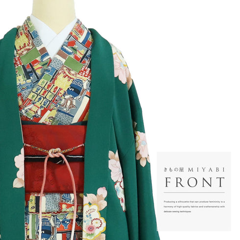 羽織 リサイクル 身丈92cm 裄62.4cm 袷 デザイン花模様 グリーン SSサイズ お洒落 カジュアル 正絹 Sランク