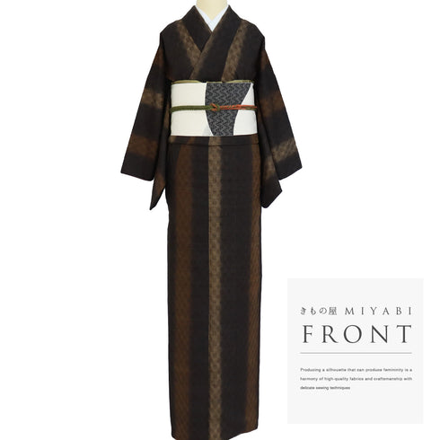 紬 リサイクル 身丈166cm 裄66.3cm 袷 立涌地紋 縞模様 ブラウン LLサイズ カジュアル 正絹 広衿 Sランク