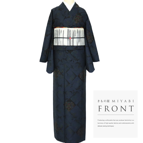 紬 リサイクル 身丈165.5cm 裄68.8cm 袷 花柄 ネイビー LLサイズ お洒落 カジュアル 正絹 広衿 Sランク