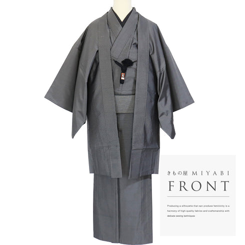 アンサンブル 男物 リサイクル 身丈148cm 裄68.6cm 羽織丈96cm 袷 細横縞柄 グレー Mサイズ お洒落 カジュアル しつけ糸 不明 棒衿 Sランク