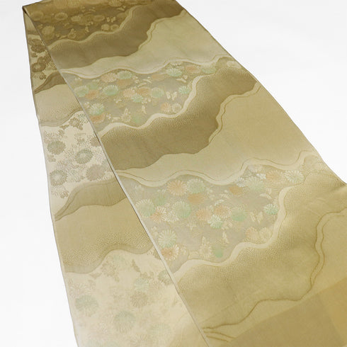 帯締め・帯揚げセット リサイクル お洒落 平組紐 ちりめん ブラウン 正絹 新品・未使用品 ぼかし 花柄