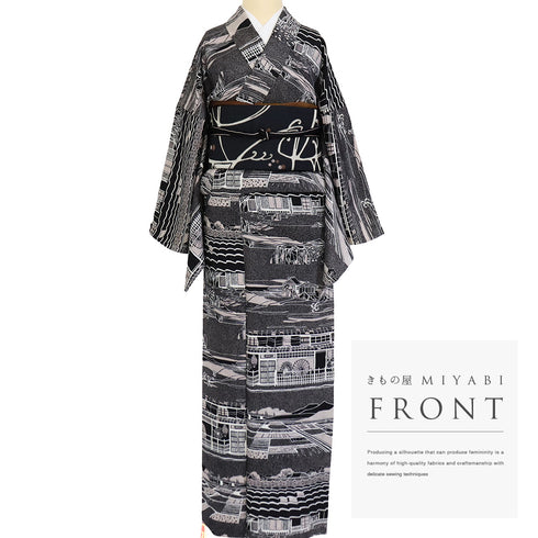 小紋 リサイクル 身丈166cm 裄70.8cm 単衣 和の景色 小原敏 作家物 ブラック LLサイズ お洒落 カジュアル 落款 正絹 広衿 Sランク