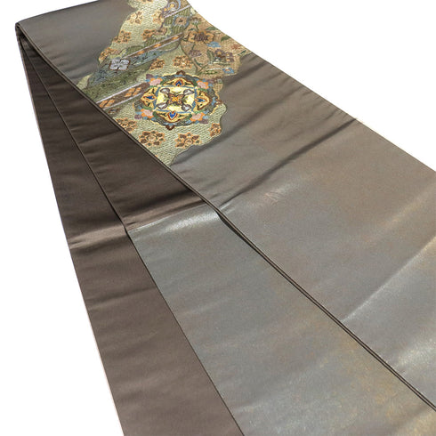 袋帯 リサイクル 帯丈448cm ポイント柄 汕頭 華紋柄 ブラウン Mサイズ 正絹 Sランク フォーマル セミフォーマル