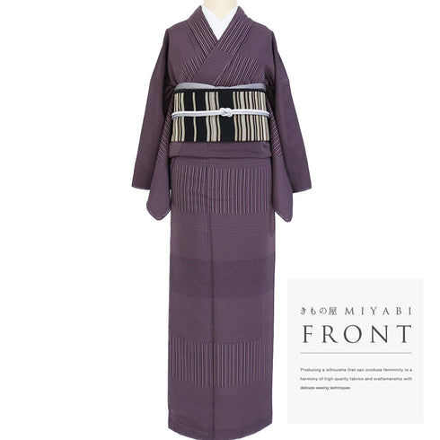 小紋 リサイクル 身丈157.5cm 裄66.8cm 袷 横段柄 パープル Mサイズ お洒落 しつけ糸 正絹 広衿 Bランク