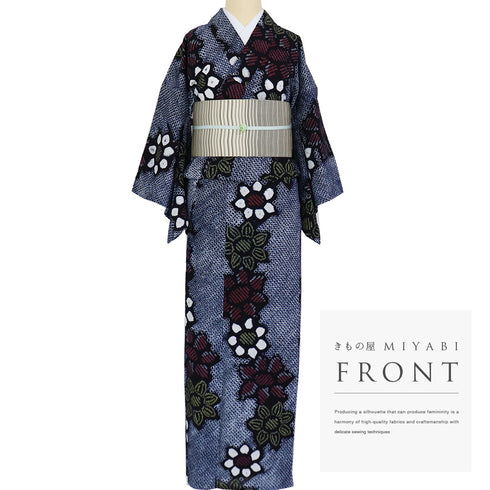 浴衣 リサイクル 夏着物 身丈150.5cm 裄63.2cm 夏物 絞り 花柄 ジュニアサイズ ネイビー Sサイズ カジュアル 木綿 洗える着物 バチ衿 Sランク