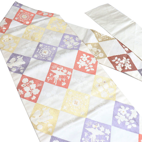 名古屋帯 リサイクル 帯丈365.5cm 六通 鳥や花柄 ベージュ Mサイズ 正絹 Aランク お洒落