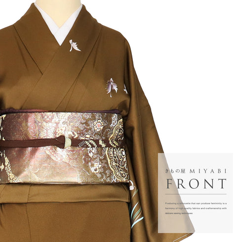 付下げ リサイクル 身丈158.4cm 裄64.4cm 袷 サギ草柄 ブラウン Mサイズ セミフォーマル しつけ糸 正絹 広衿 Sランク