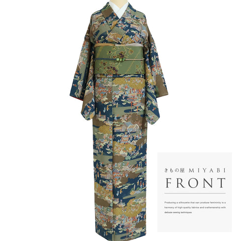 小紋 リサイクル 身丈163cm 裄64.4cm 袷 風景模様 ネイビー Lサイズ お洒落 カジュアル ポリエステル 洗える着物 広衿 Sランク