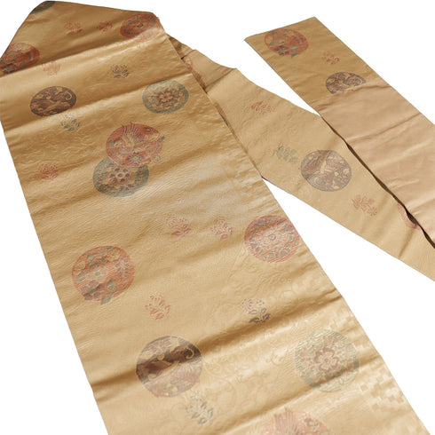 名古屋帯 リサイクル 帯丈352.5cm 六通 丸に鳥や華文柄 ブラウン Sサイズ 正絹 Sランク お洒落