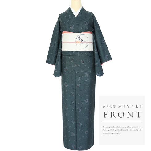 大島紬 リサイクル 身丈155.7cm 裄64.6cm 袷 花唐草模様 ネイビー Mサイズ カジュアル お洒落 証紙 正絹 広衿 Sランク