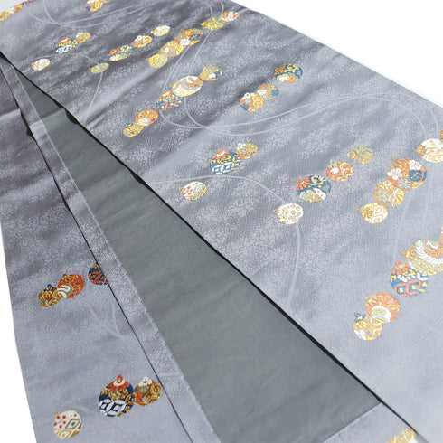 名古屋帯 リサイクル 帯丈354cm 六通 鈴柄 刺繍 地紋 グレー Sサイズ 正絹 Sランク お洒落