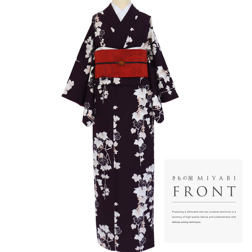 小紋 リサイクル 身丈157cm 裄64.4cm 袷 蔦に葡萄模様 HANAE MORI パープル Mサイズ お洒落 カジュアル ポリエステル 洗える着物 広衿 Sランク