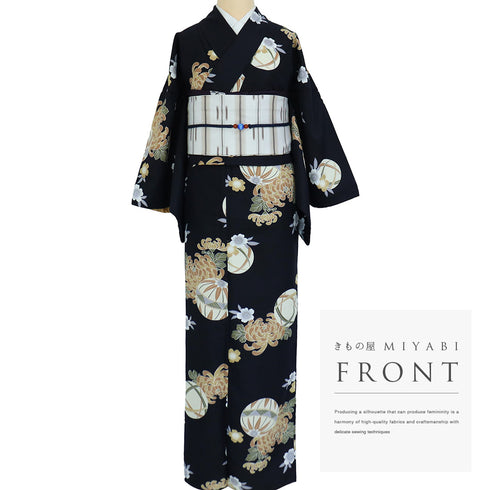 小紋 リサイクル 身丈159.8cm 裄66cm 袷 手毬に菊模様 既製品 ネイビー Mサイズ お洒落 カジュアル ポリエステル 洗える着物 広衿 Aランク