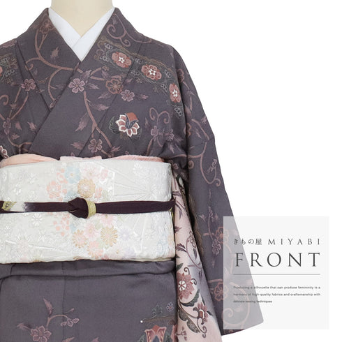 訪問着 リサイクル 身丈155.8cm 裄64.6cm 袷 更紗柄 グレー Mサイズ お洒落 正絹 広衿 Aランク