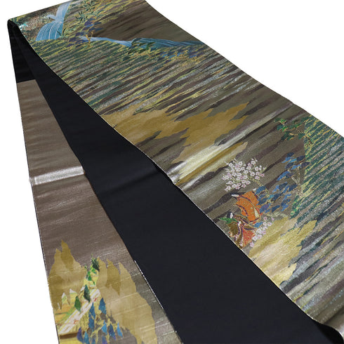 袋帯 リサイクル 帯丈440cm 六通 ポイント柄 平安絵巻柄 西陣織 貴秀螺鈿 シルバー Mサイズ 正絹 新品・未使用品 フォーマル