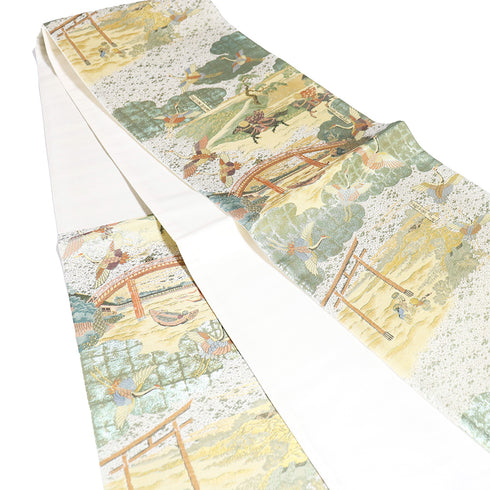 袋帯 リサイクル 帯丈430cm 六通 鶴に風景柄 ゴールド Sサイズ 正絹 新品・未使用品 フォーマル セミフォーマル