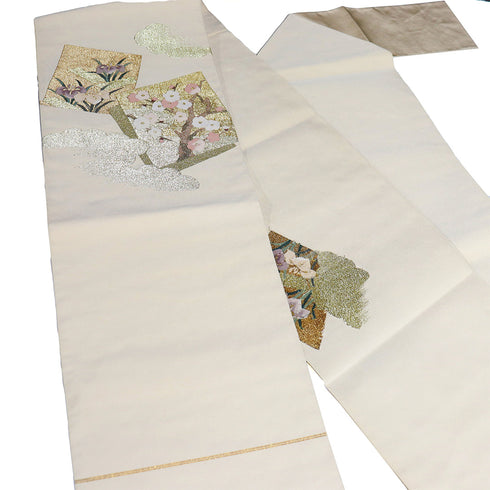 名古屋帯 リサイクル 帯丈356.5cm ポイント柄 色紙模様 梅柄 花柄 本綴れ ベージュ Sサイズ 正絹 Sランク フォーマル