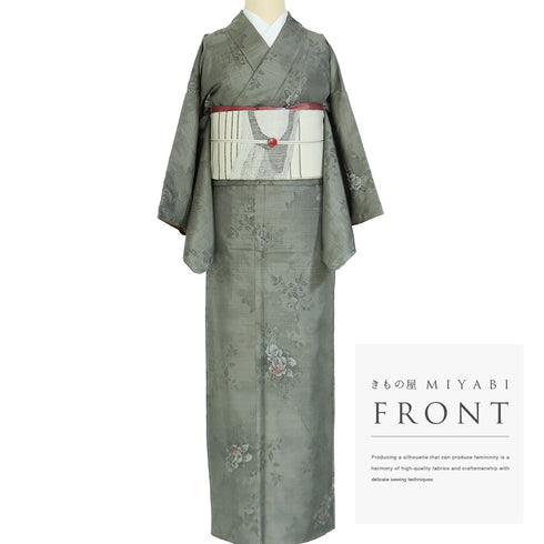 大島紬 リサイクル 身丈156.5cm 裄63.6cm 袷 花柄 グリーン Mサイズ お洒落 カジュアル しつけ糸 正絹 広衿 Sランク