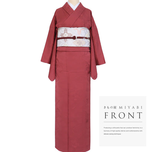 色無地 リサイクル 身丈158.3cm 裄65.8cm 袷 パープル Mサイズ セミフォーマル 落款 一つ紋 しつけ糸 正絹 広衿 地紋なし Sランク (コピー)